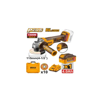 Amoladora 20V BL con a bateria de 4a y cargador de 3000/8000rpm gatillo abajo en maletin plastico