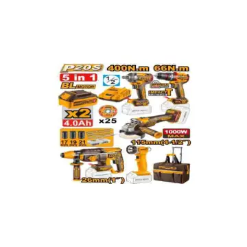 Kit 5 en 1 de taladro de 66n BL 20V y amoladora 20V BL 4½" y llave de impacto de 400n ½" rotomartillo 20V y linterna 270lm 20V con 2 baterias de 4a mas cargador en maletin