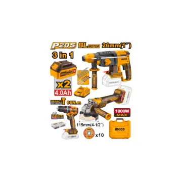 Kit 3-1 20V taladro 66n -amoladora 1000w- rotomatillo 26mm con 2 baterias de 4a- cargador 4a