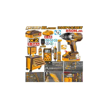 Mueble con 396 piezas + llave de impacto 850n 20V blcon 2 baterias 5a mas cargador + lampara recargable+tester+bu sca polo digital