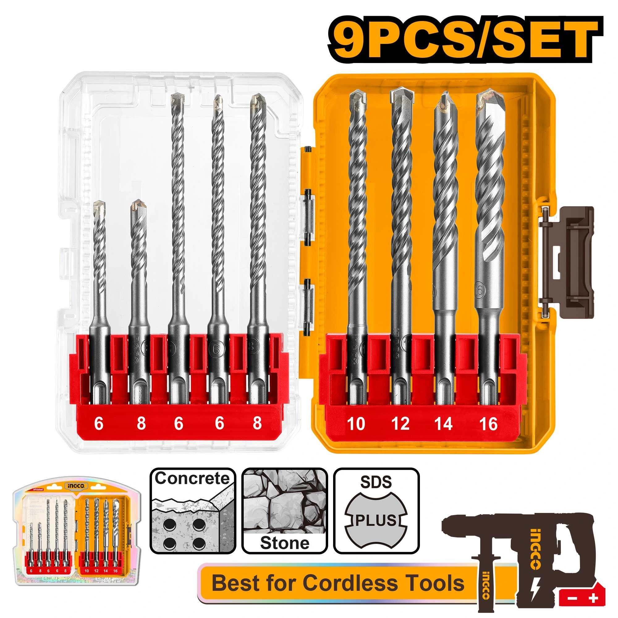 Se de 9 brocas para comcreto SDS pluz 6x110mm,8x110mm,6x16 0mm,6x160,8x160mm,10 x160mm,12x160mm,14x1 60mm,16x160mm AKDL30906 herramienta disponible en RCS Santa Cruz
