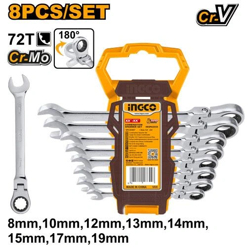 Juego de 8 piezas de llaves combinadas ojo chicharra articulable 8mm,10mm,12mm,13mm, 14mm,15mm,17mm,19m m HKSPAR1083 herramienta disponible en RCS Santa Cruz